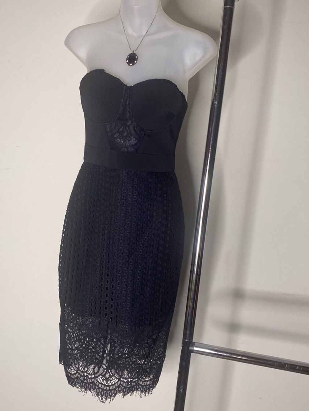 BEBE Strapless Black Lace Pencil Dress
